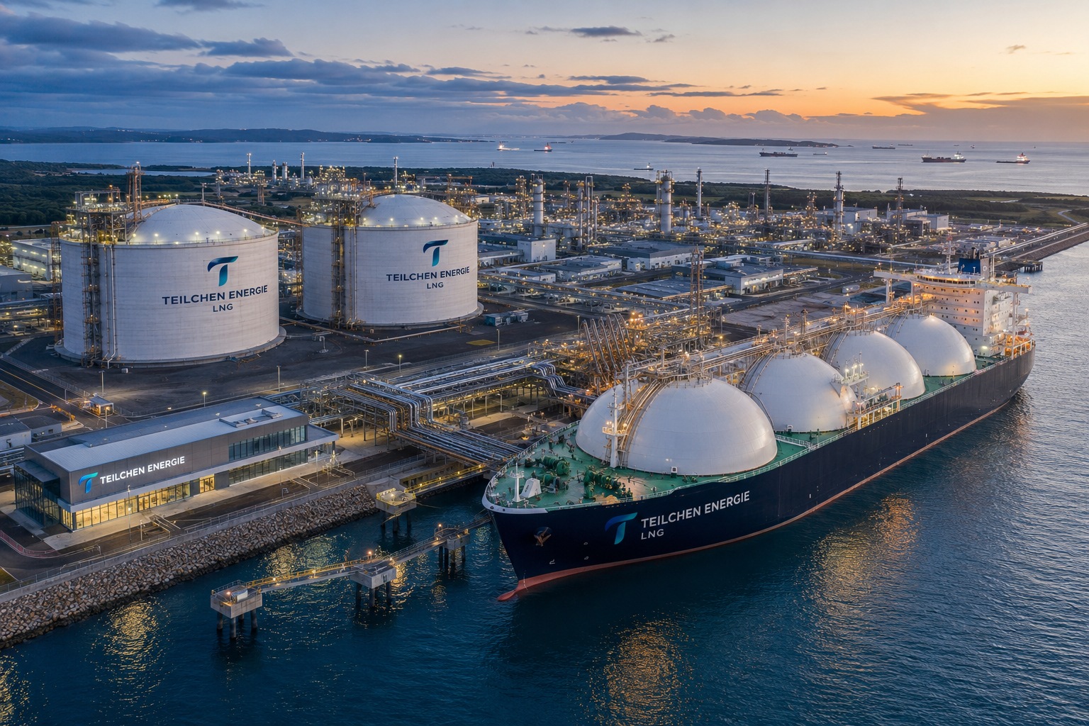 LNG terminal with storage tanks and carrier vessel at berth